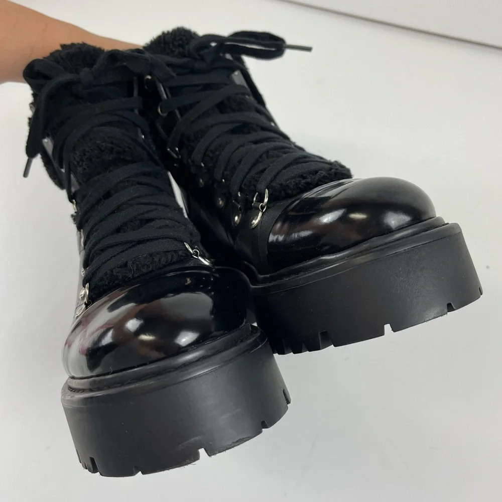 NEW Steve Madden Reyen Boots Womens 8M Black Leather Faux Fur - Picture 6 of 8